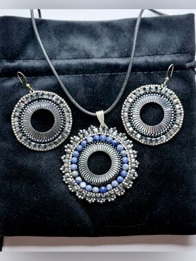 Bali Blue and Silver Boho Necklace and Earrings Set Gypsy Fall Style